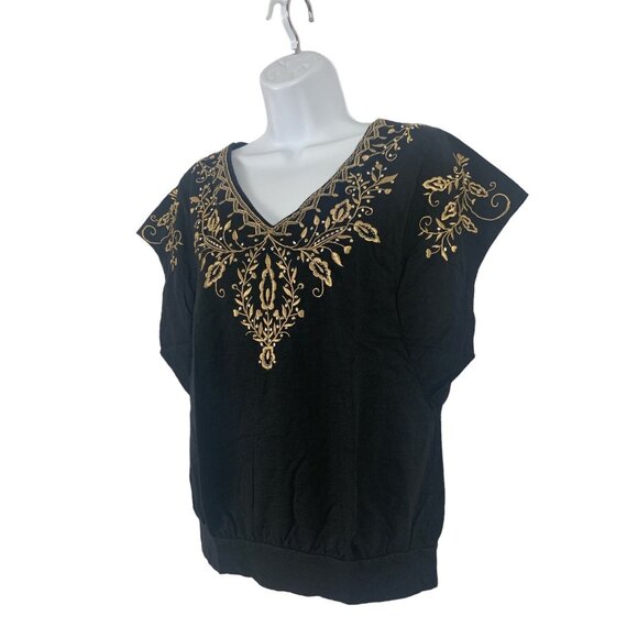 Karen Scott Womens Black & Gold Embroidered V-Neck Top Small - Picture 4 of 10